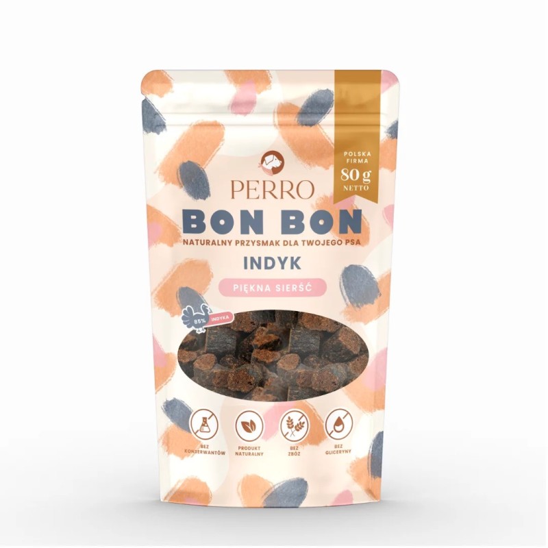 Perro BON BON Indyk 80g – piękna sierść Przysmaki z dodatkiem funkcyjnym 80g